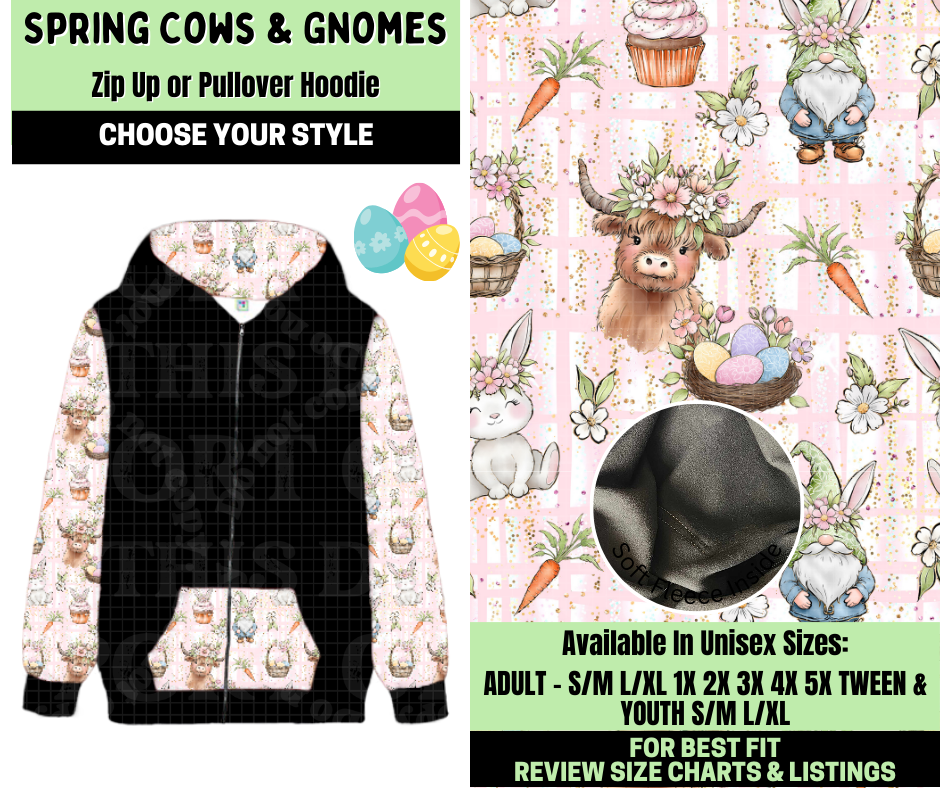 Preorder! Closes 1/19. ETA April. Spring Cows & Gnomes Zip-Up or Pullover Hoodie