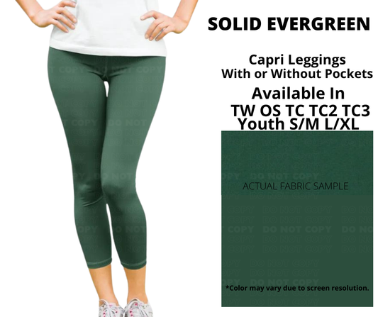 Preorder! Closes 2/5. ETA May. Solid Evergreen Capri Length Leggings w/wo Pockets