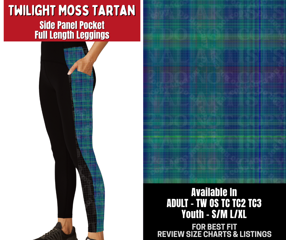 Preorder! Closes 10/26. ETA Jan. Twilight Moss Tartan Side Panel Pocket Full Length Leggings