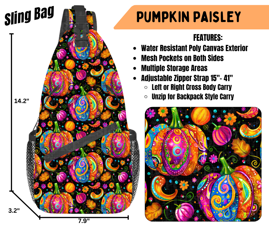 Preorder! Closes 6/22. ETA Sept. Pumpkin Paisley Sling Bag