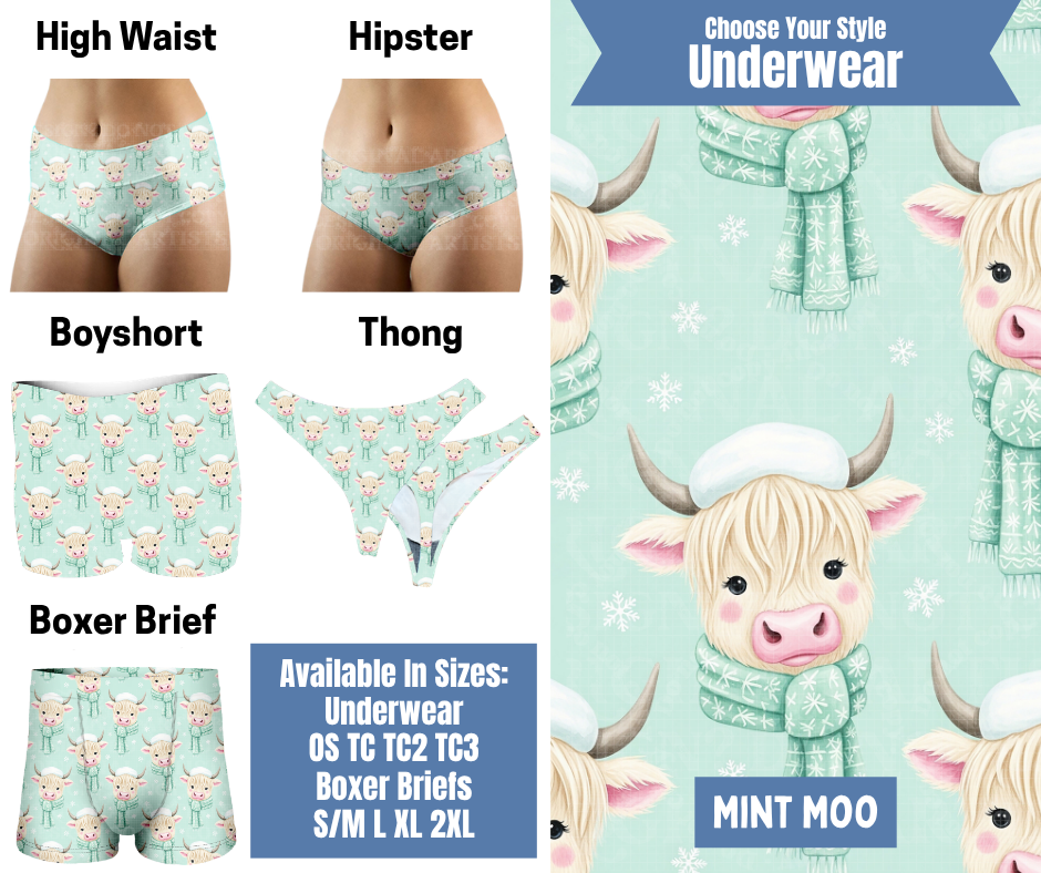 Preorder! Closes 8/26. ETA Nov. Mint Moo Hipster, High Waist, Boyshort, & Thong Underwear & Boxer Briefs