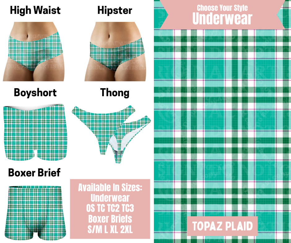Preorder! Closes 5/6. ETA Aug. Topaz Plaid Hipster, High Waist, Boyshort, & Thong Underwear & Boxer Briefs