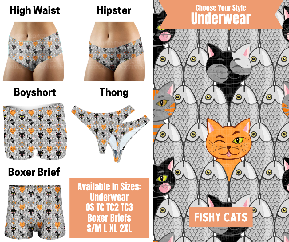 Preorder! Closes 11/5. ETA Feb. Fishy Cats Hipster, High Waist, Boyshort, & Thong Underwear & Boxer Briefs