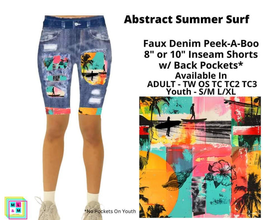 Abstract Summer Surf Faux Denim Shorts w/ Back Pockets