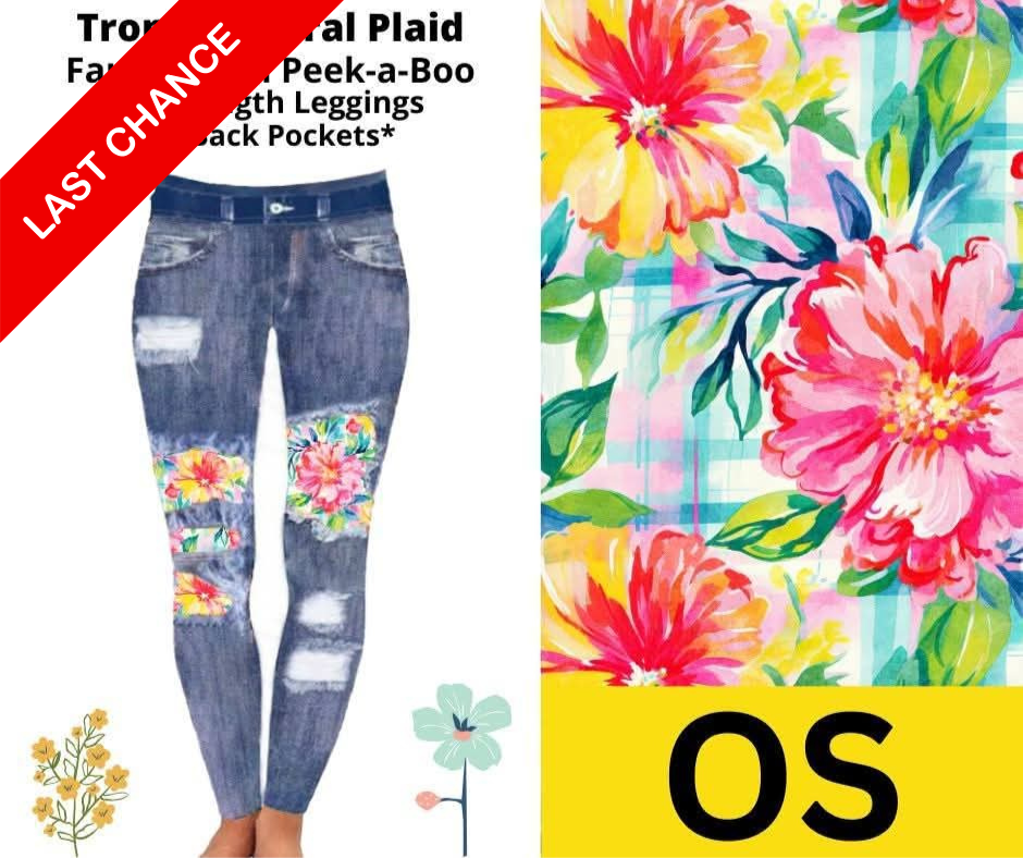 Tropical Floral Plaid Faux Denim Full Length Peekaboo Leggings