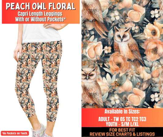 Preorder! Closes 12/29. ETA March. Peach Owl Floral Capri Length Leggings w/wo Pockets