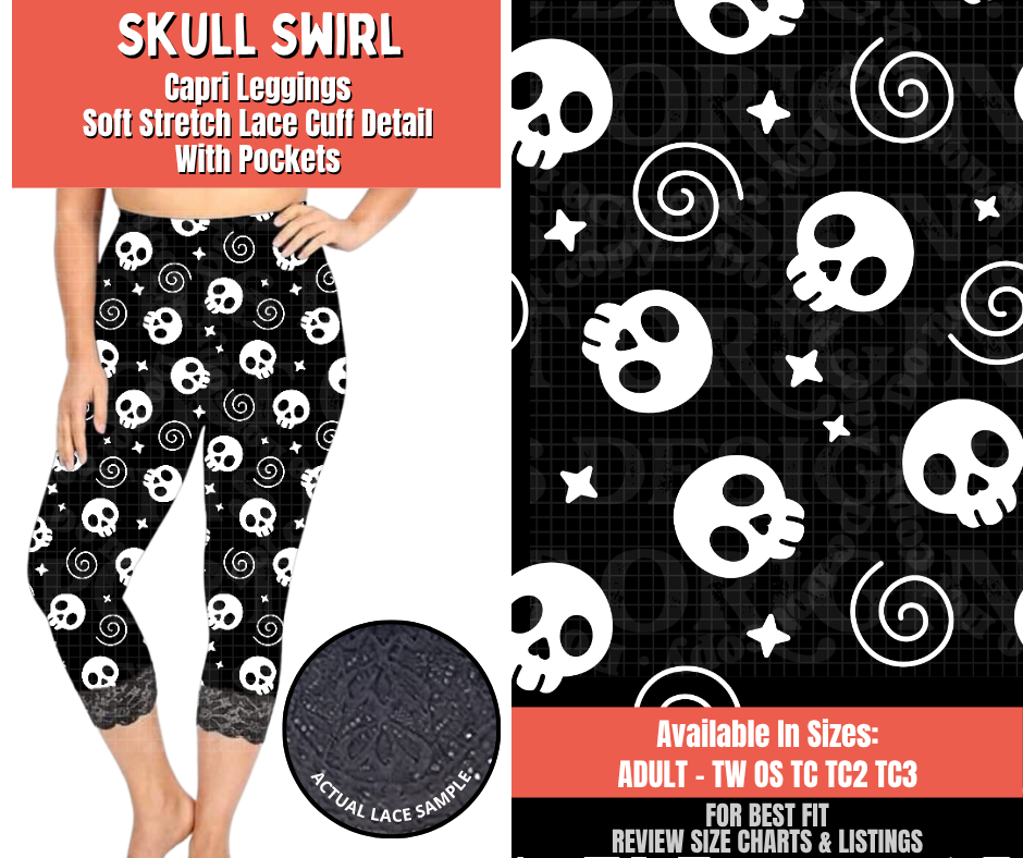 Preorder! Closes 5/18. ETA Aug. Skull Swirl Lace Cuff Capris w/ Pockets