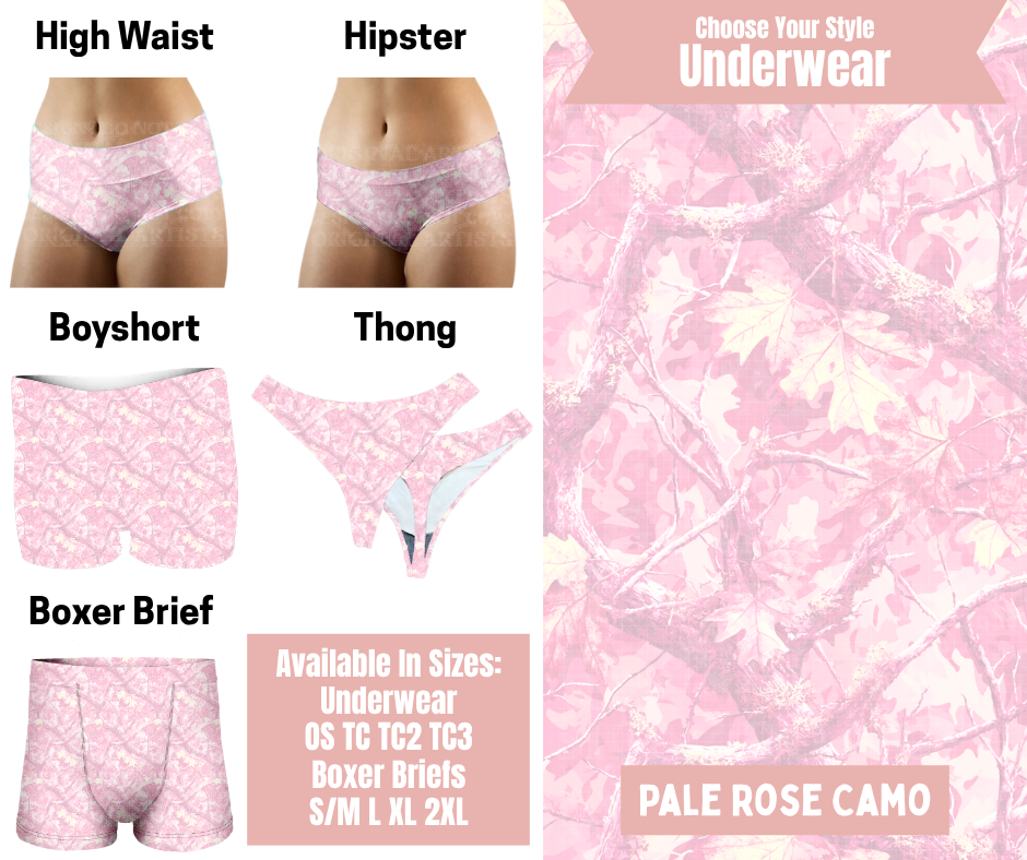 Preorder! Closes 5/6. ETA Aug. Pale Rose Camo Hipster, High Waist, Boyshort, & Thong Underwear & Boxer Briefs