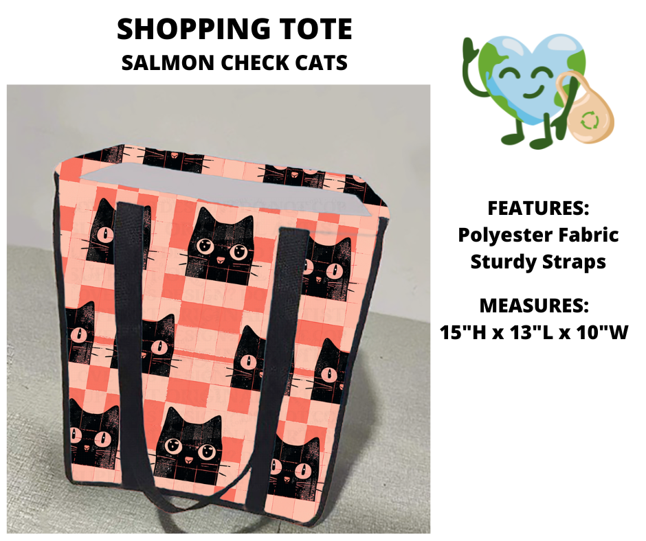 Salmon Check Cats Shopping Tote