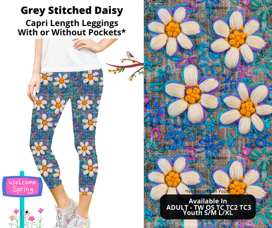 Preorder! Closes 1/22. ETA April. Grey Stitched Daisy Capri Leggings w/wo Pockets