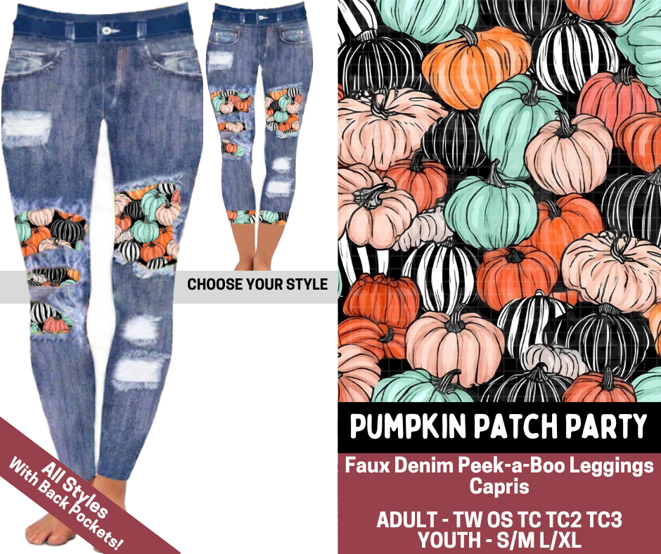 Preorder! Closes 7/23. ETA Oct. Pumpkin Patch Party Combo Faux Denim Peekaboo Legging Lengths