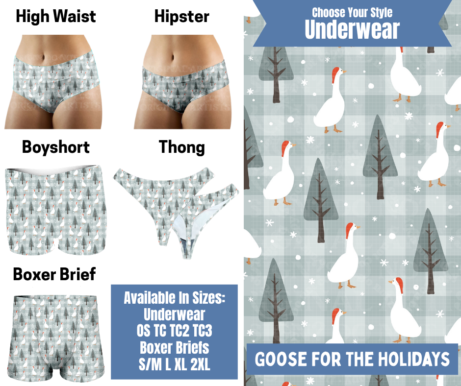 Preorder! Closes 8/26. ETA Nov. Goose For The Holidays Hipster, High Waist, Boyshort, & Thong Underwear & Boxer Briefs