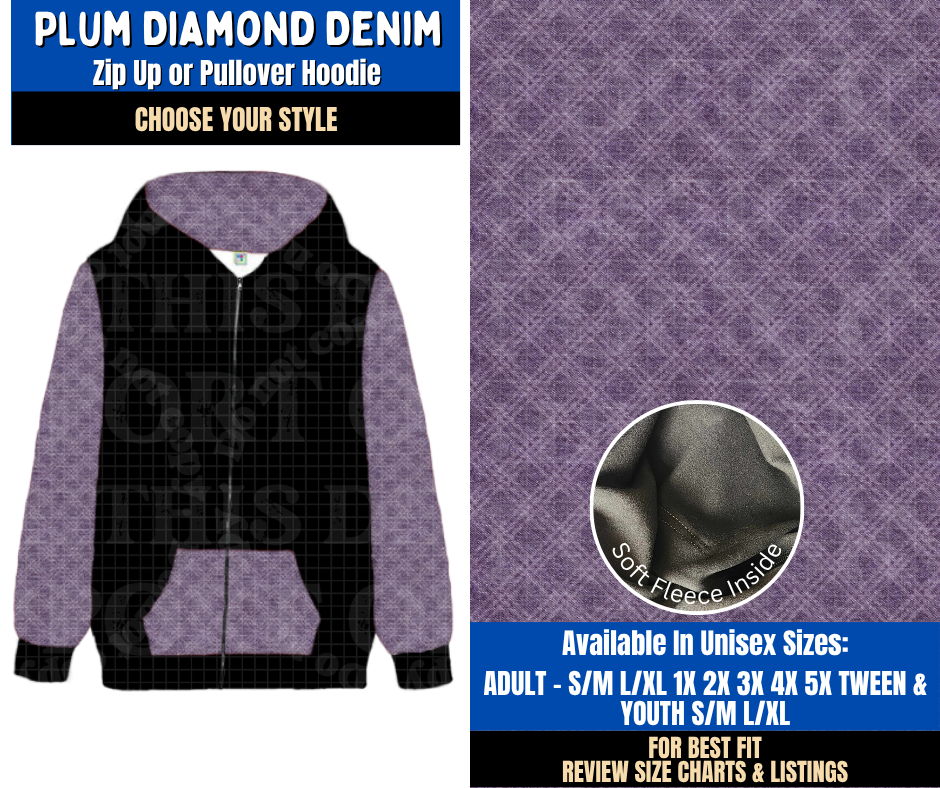 Preorder! Closes 9/16. ETA Dec. Plum Diamond Denim Zip-Up or Pullover Hoodie