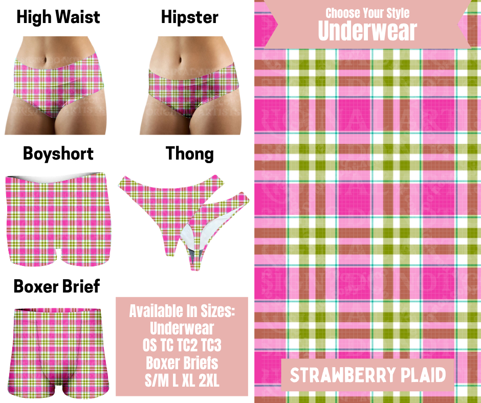 Preorder! Closes 5/6. ETA Aug. Strawberry Plaid Hipster, High Waist, Boyshort, & Thong Underwear & Boxer Briefs