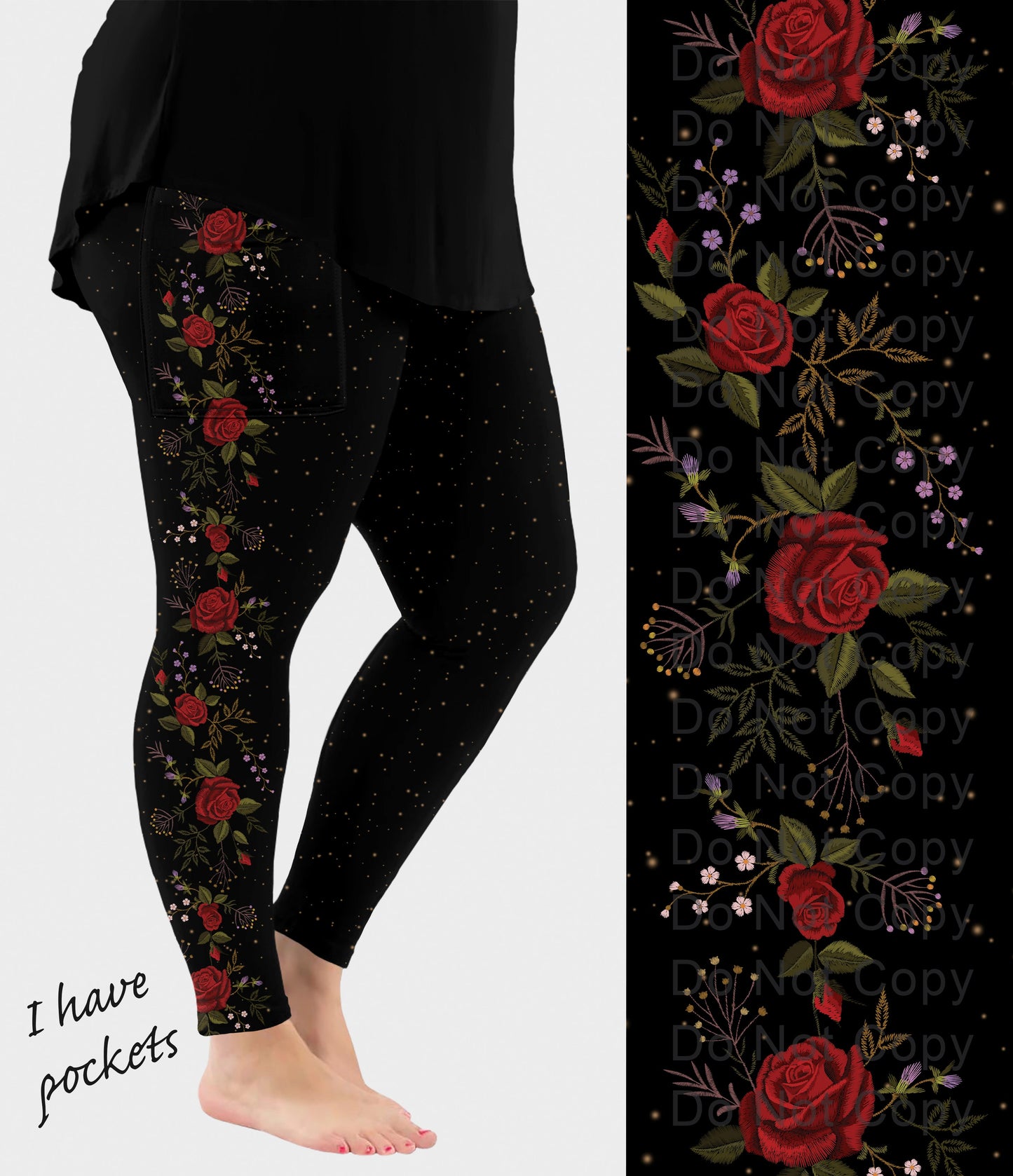 RTS - Rose Vine Side Design Leggings with Pockets