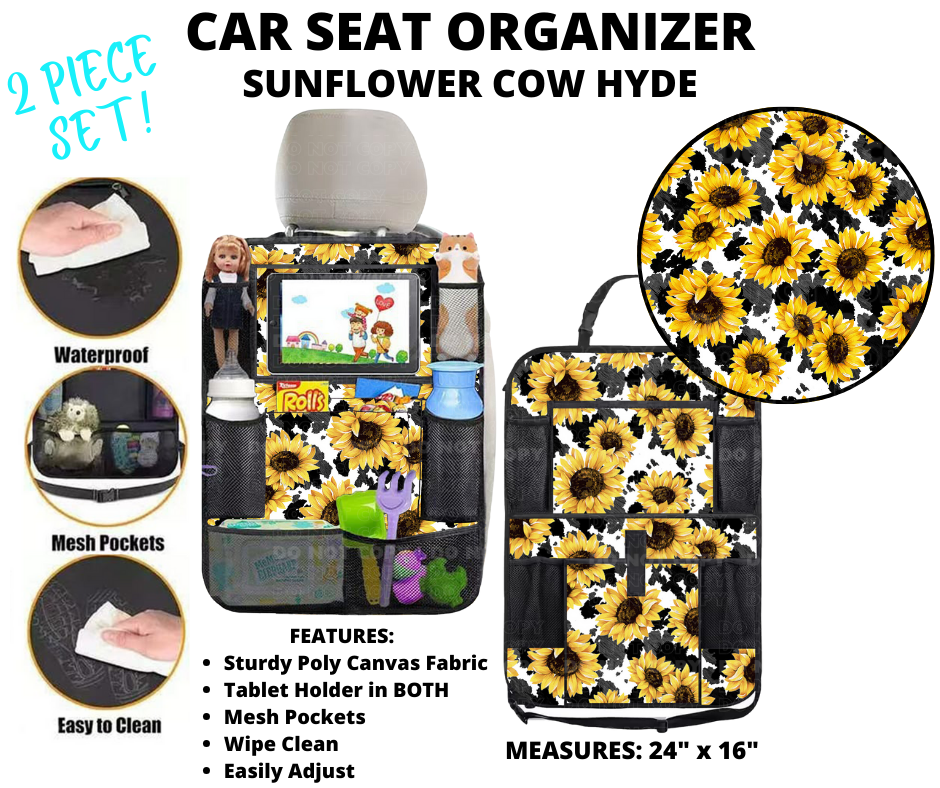 Preorder! Closes 1/2. ETA March. Sunflower Cow Hyde Car Seat Organizer 2 Piece Set