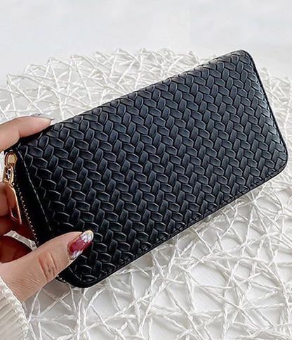 RTS - Black Vegan Leather Woven Weave Zip Around Wallet