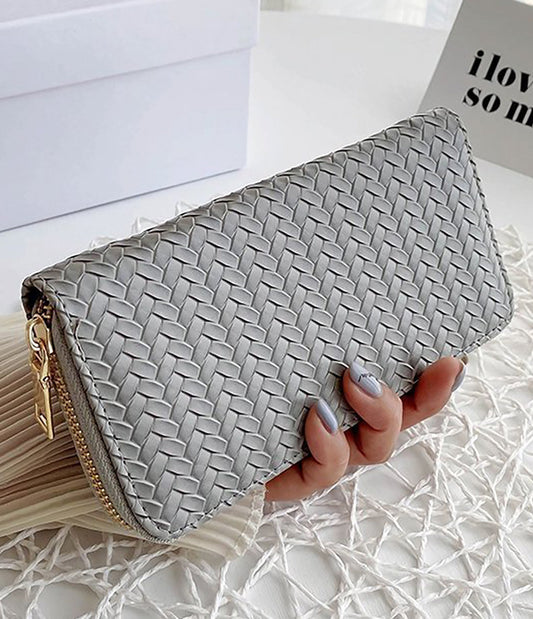 RTS - Grey Vegan Leather Woven Weave Zip Around Wallet