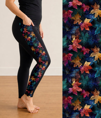 RTS - Watercolor Leaves Side Panel Leggings with Pockets