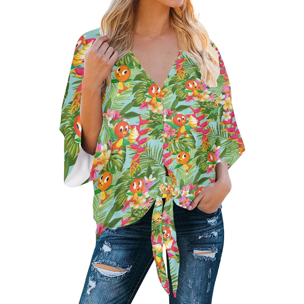 Tropical Orange Bird Women‘s’ V-neck Streamers Blouse