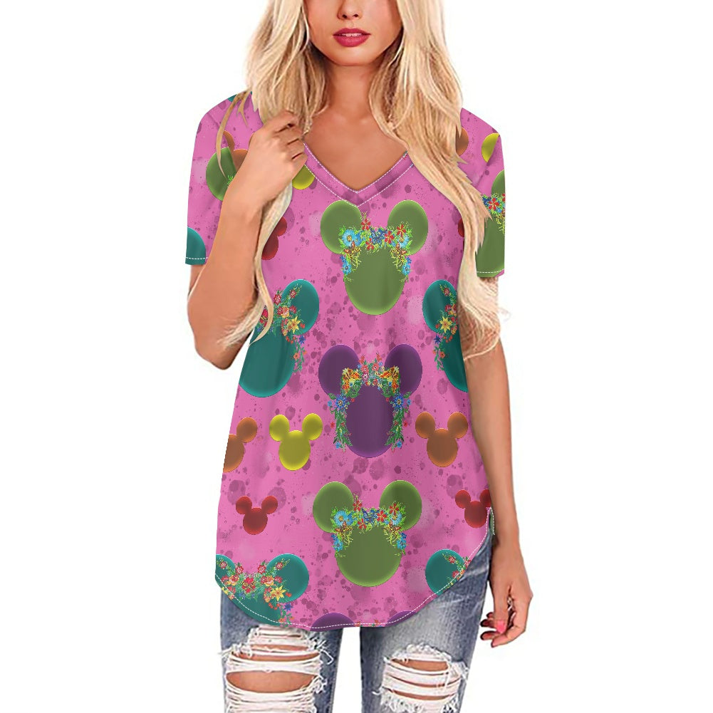 Neon Floral Ears Women's V-neck Top