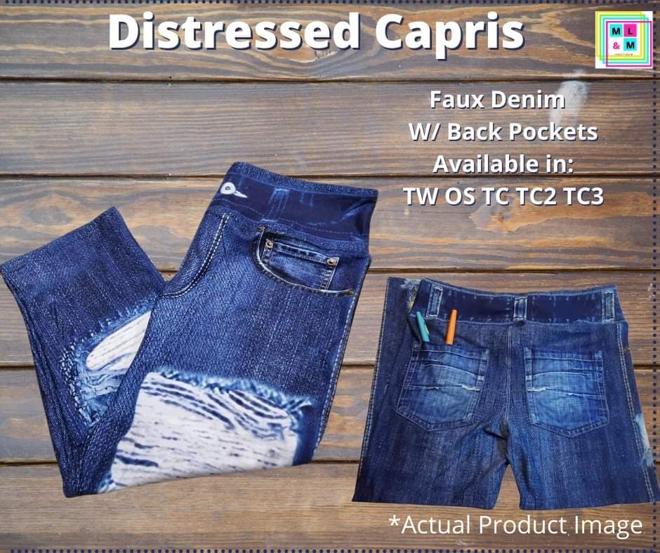 Distressed Faux Denim Capris