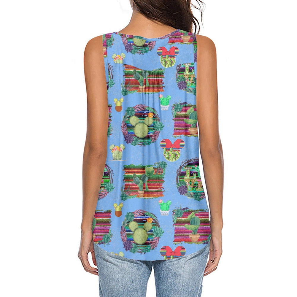 Mouse Cactus All-Over Print Women's Sleeveless V-Neck Top