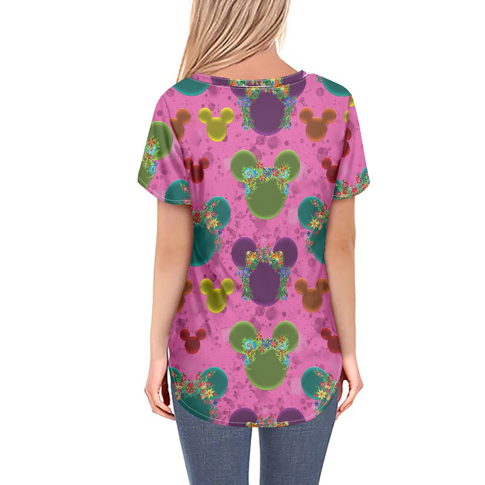 Neon Floral Ears Women's V-neck Top