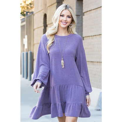 Solid French Terry Ruffle Tunic Dress PURPLE