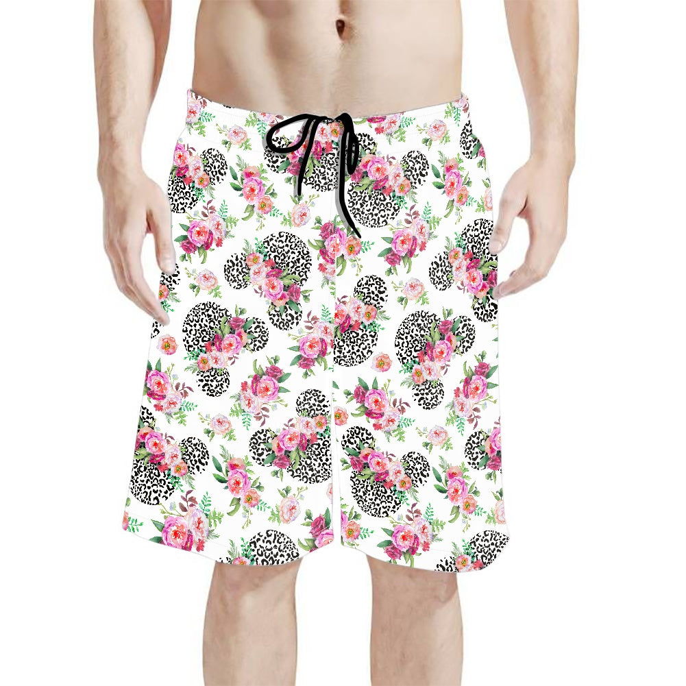 Floral Cheetah White All-Over Print Men's Beach Shorts