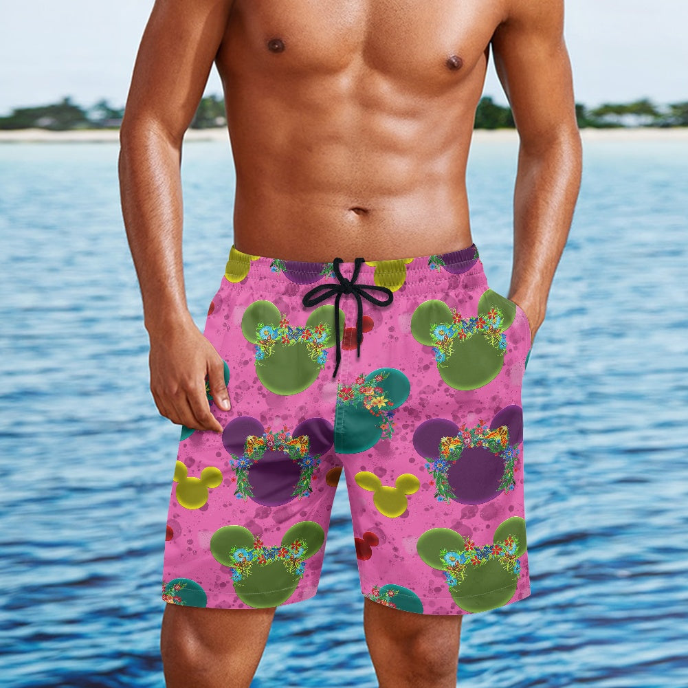 Neon Floral Ears All-Over Print Men's Beach Shorts