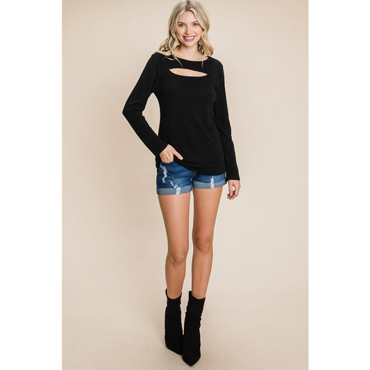 Solid Cut Out Long Sleeve Top- BLACK- Emerald