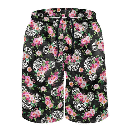 Floral Cheetah Black All-Over Print Men's Beach Shorts