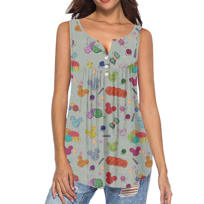 Mouse Yarn All-Over Print Women's Sleeveless V-Neck Top