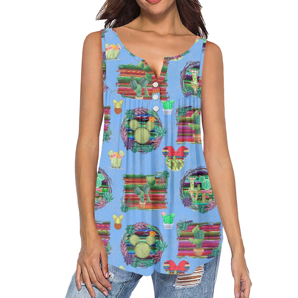 Mouse Cactus All-Over Print Women's Sleeveless V-Neck Top