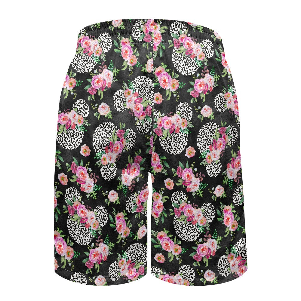 Floral Cheetah Black All-Over Print Men's Beach Shorts