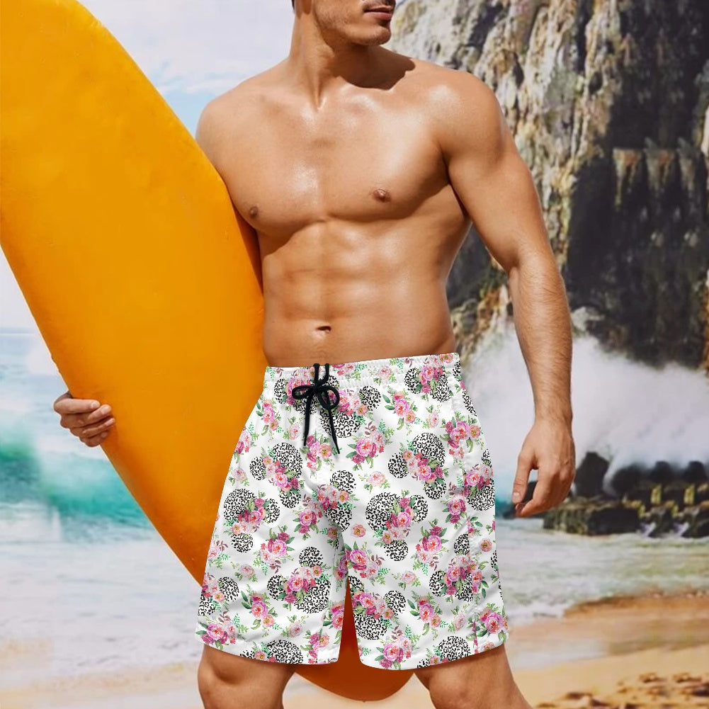 Floral Cheetah White All-Over Print Men's Beach Shorts