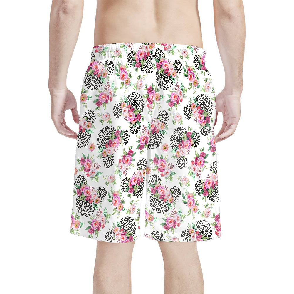 Floral Cheetah White All-Over Print Men's Beach Shorts