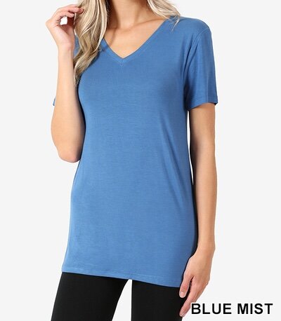 Zenana-Blue Mist Solid Color V- Neck Premium T-shirt