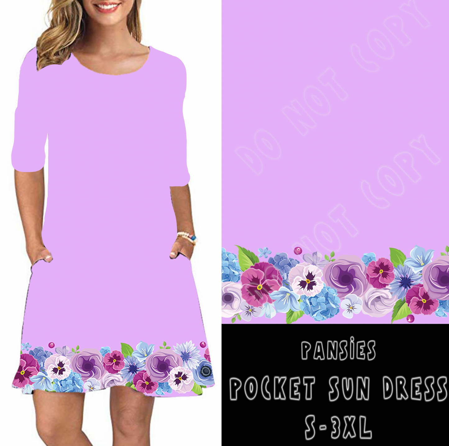 3/4 SLEEVE POCKET DRESS- PANSIES POCKET DRESS