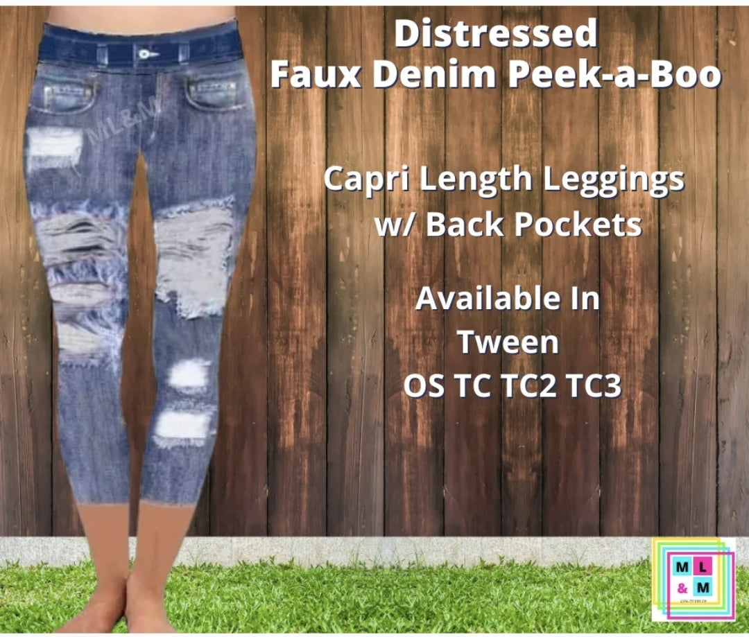 Distressed Faux Denim Capris