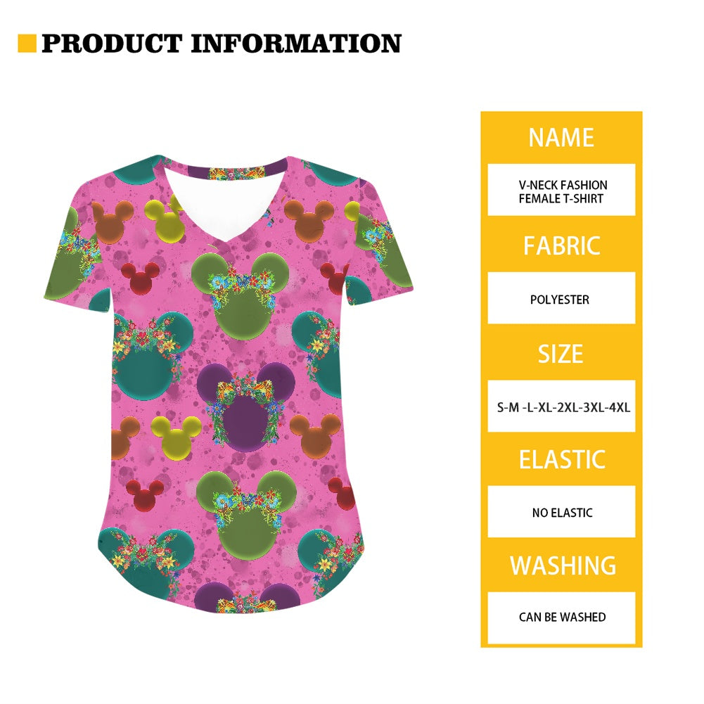 Neon Floral Ears Women's V-neck Top