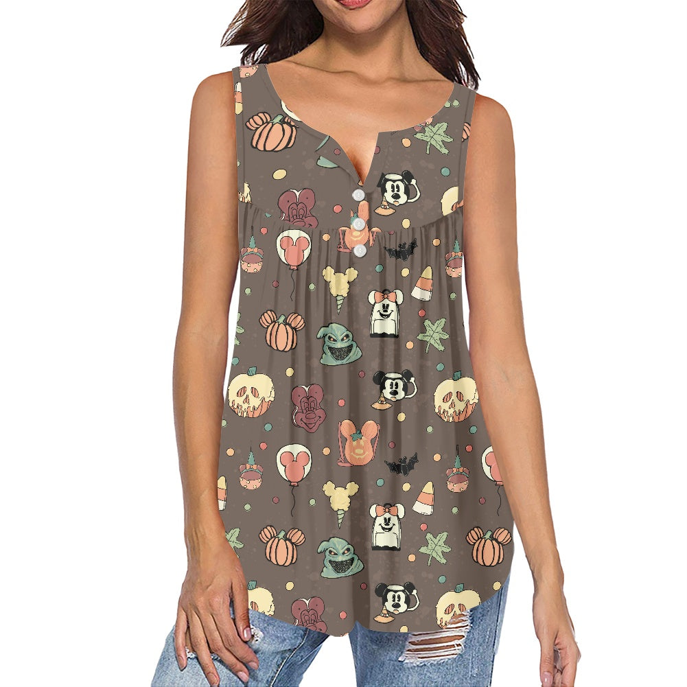 Boho Halloween Brown All-Over Print Women's Sleeveless V-Neck Top