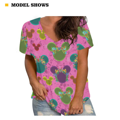 Neon Floral Ears Women's V-neck Top