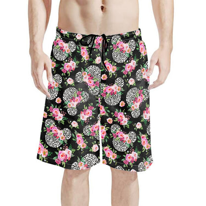 Floral Cheetah Black All-Over Print Men's Beach Shorts