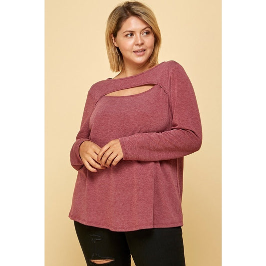 Solid Cut Out Long Sleeve Top- BURGUNDY- Emerald