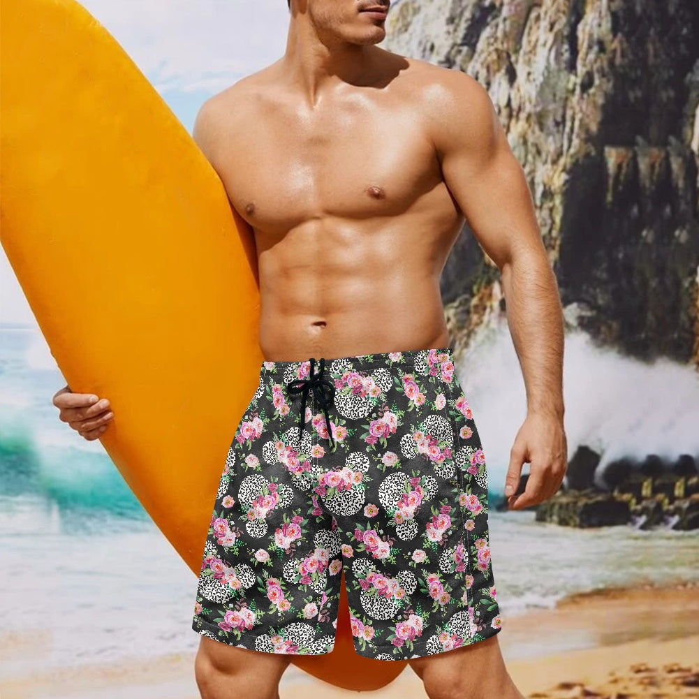 Floral Cheetah Black All-Over Print Men's Beach Shorts