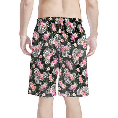 Floral Cheetah Black All-Over Print Men's Beach Shorts