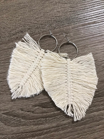 Ivory Feather Boho Macramé Earrings