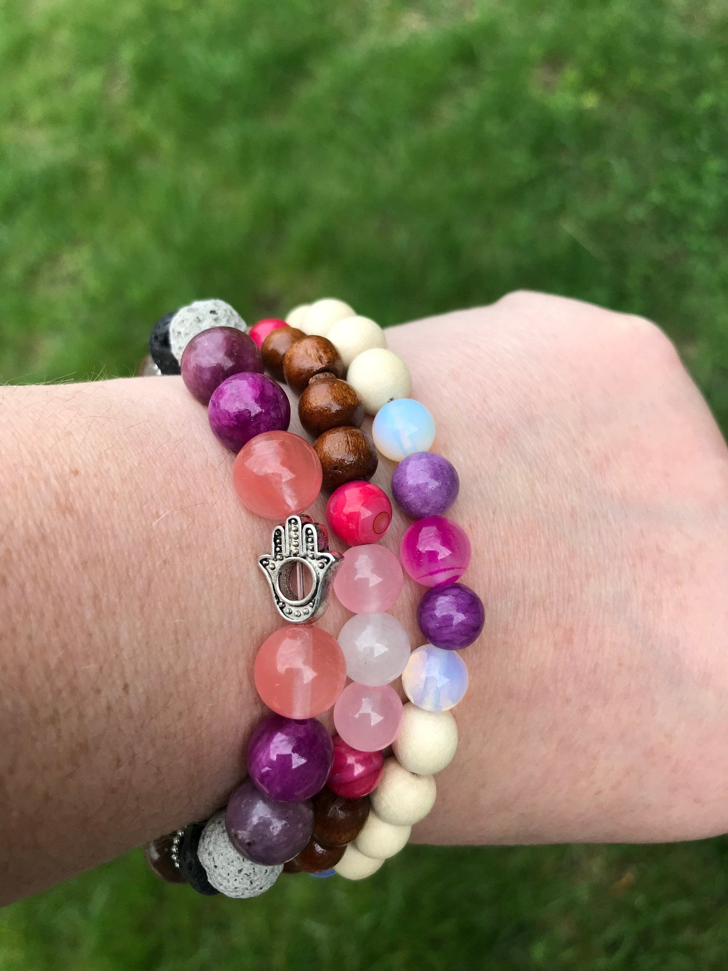 Relax Hamsa Symbolic Stretch Gemstone Stackable Bracelet, great for aromatherapy!